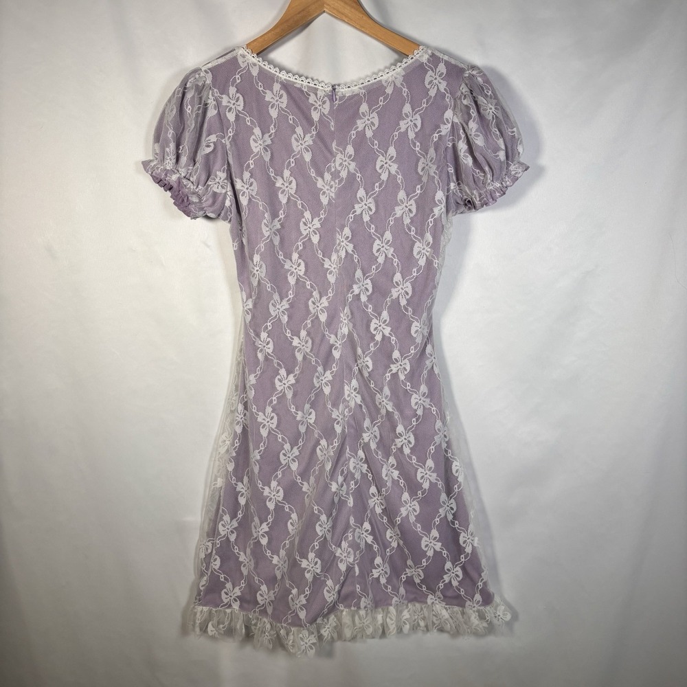 Coquette Lace Dress Womens Medium Sheer Overlay Lavender Soft Girl Puff Sleeve - Picture 2 of 7